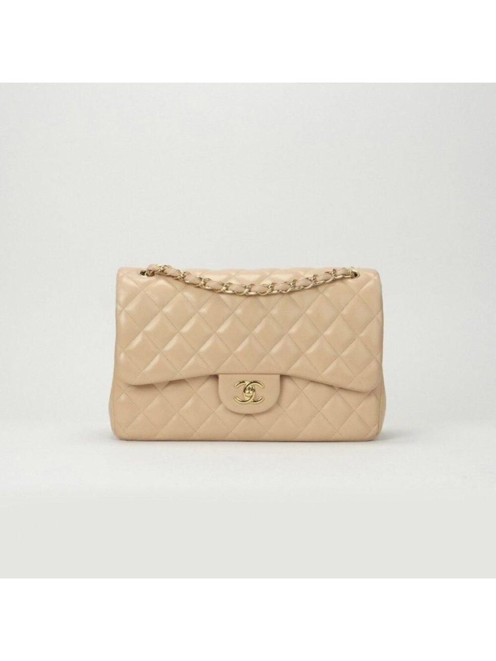 Chanel Quilted 30 Deca Decamato Shoulder Bag Lambskin Beige Gold Chain CC Logo